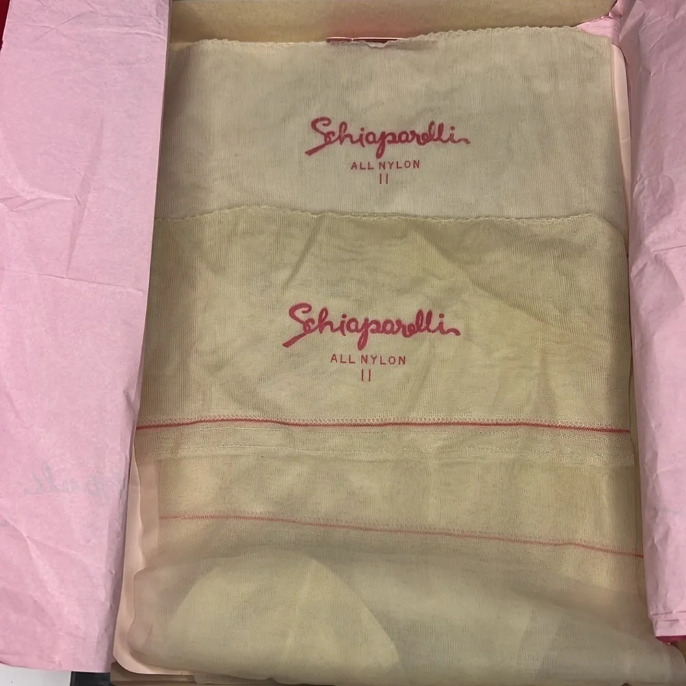 Vintage Schiaparelli 2 PAIR NEW Nylon Stockings in Original Box w Paper One Size